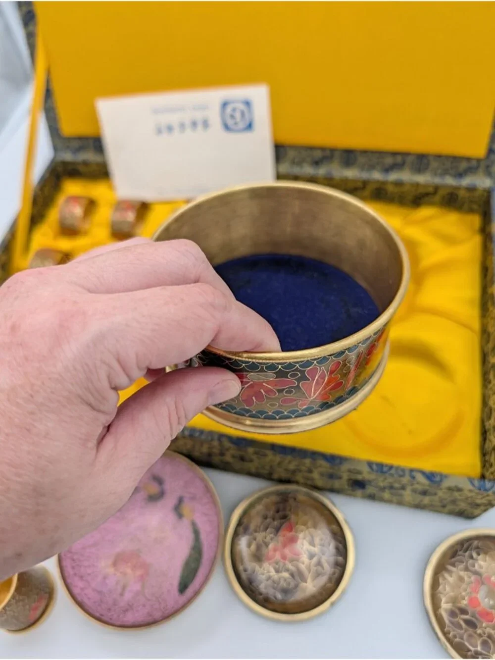 Chinese Cloisonné Enamel Table Set in the Original Decorative Box as is
